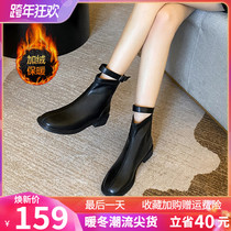 ZHR2021 winter New English style square head plus velvet thick short boots thick heel short tube thin boots Western boots