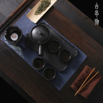 Ancient morning black pottery tea set set a pot of four cups household warm tea small set group Zen dry bubble plate tea cup gift box