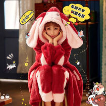 Coral velvet pajamas womens winter thickened plus velvet Korean version of cute flannel long nightgown autumn and winter home service suit
