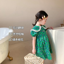 Girls Short-sleeved Floral dress 2021 summer Korean version of childrens female baby lace big lapel cute green skirt