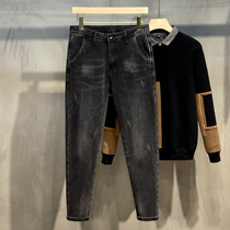 2021 Spring and Autumn new mens straight jeans Korean slim black gray casual denim trousers mens tide