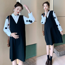 Pregnant womens dresses cover their stomachs do not show fashion net red shaking sound skirt Pregnant mother spring dress foreign spring maternity dress