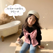  Girls  Big bow bubble sleeve Bottoming shirt 2021 spring Korean childrens black knitted stitching top Western style