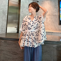Pregnant women summer coat 2022 new Korean edition loose large cotton - printed ocean T - shirt mom