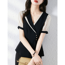 Foam Han Yimei Coloured splicing blouse Ladies 2021 Summer new collection waist display slim temperament V collar short sleeve shirt