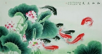 Famous Yu Zhizhen style fine brushwork flowers and birds (11) Chinese painting lotus nine fish picture carp hand-painted large six feet horizontal