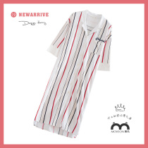 Mousse pure cotton pyjamas Han version Thin Style Sleeping Robe Bathrobe Short Sleeve Striped Sexy medium Long Sleeping Skirt Home clothing