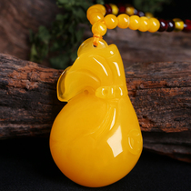 Natural beeswax chanterelle yellow gourd pendant second generation amber sweater chain purse necklace carved mens and womens jewelry
