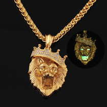 Europe and the United States hot sale diamond crown lion head hip-hop luminous necklace Mens neutral gold-plated hiphop luminous pendant