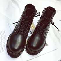 Hong Kong heightened Martin boots leather womens shoes British style mid-boots lace up small short boots thick sole single boots women