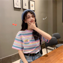 Rainbow Stripe T-shirt Female Size Loose Short Sleeve Hong 2021 New Student Embroidery Super Fire cec Half Sleeve Top