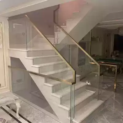 Wuhan custom stairs factory Marble stepping electroplating Nouveau Riche gold handrail ins Modern minimalist glass stairs