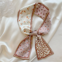 Double-sided floral bird small silk scarf long scarf double-sided red shirt with silk scarf Korean scarf ribbon female