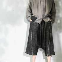 Hemp Colorless Original Design Black Cotton Linen Decontextured Wool Edge Neutral 90% Pants Loose Pendant crotch pants male and female tide