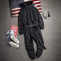 Autumn and winter trend tooling one-piece clothing Long-sleeved one-piece Japanese hip-hop retro strap Mens and womens one-piece pants suit