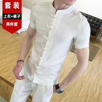 Summer linen suit male Chinese wind cotton linen short sleeve T-shirt 90% pants a set of mens Han suit retro tango