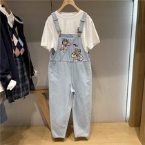 2022 Summer new Korean version Slim Straight Drum Embroidered Little Bear Cowboy Back with pants schoolgirl TTTV222301P