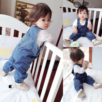 Spring and autumn Korean custom mens and womens childrens baby denim bib baby Western style pure cotton dark buckle open file pants Haiyi tide