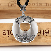 Jiashun 925 Thai silver retro fashion synthetic White Cats Eye Stone big pendant womens round necklace sweater chain jewelry