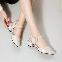 Summer pointed leather spring and autumn single shoes medium heel bag head word buckle sandals womens hollow thick heel hollow large size womens shoes