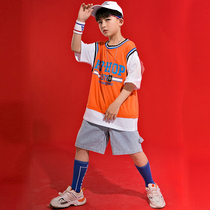 Street dance hip-hop suit childrens hiphop loose performance clothing short-sleeved performance clothing denim shorts jazz dance summer dress