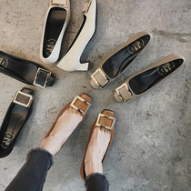 High heels womens spring 2021 new square head square buckle thin heel youth womens shoes wild medium heel thick heel shoes