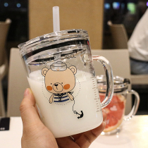 Cartoon cute scale Milk Cup heat-resistant glass brewing milk powder breakfast cup childrens straight drinking straw with lid for household