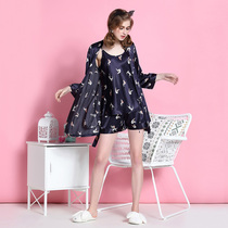 Japanese Harnesses Sleeping Skirts Womens Summer Ice Silk Thin SEXY THREE SETS SHORTS SILK PRINTED FASHION LADY PYJAMAS