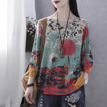 Han suoyi retro literary autumn print round neck sweater seven-point sleeve women loose base shirt thin sweater