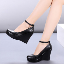 Real Leather Slopes Heel High Heel Single Shoes Woman Shallow Mouth Spring Autumn Leather Shoes Round Gown Qipao Walking Show Shoes 33 Waterproof Bench Thick Bottom Women Shoes