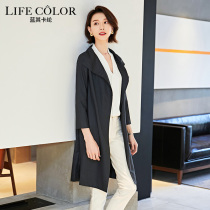 Medium and long spring new coat female blue Qalun European station loose thin temperament solid color thin windbreaker cardigan