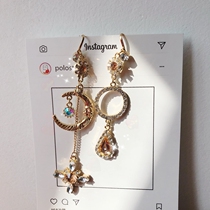 Korean Super fairy retro Baroque heavy industry temperament long star Moon asymmetric orange flash Diamond exaggerated earrings ear clip