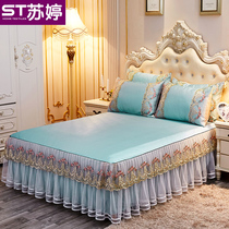 Korean lace ice bed skirt three-piece set washable 1 m bed cover summer air conditioning cool mat princess style