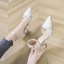 Pointed thick heel sandals female 2021 summer new fairy wind with Baotou one-word buckle belt girl high heels