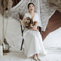 French light wedding dress super fairy simple daily outdoor travel white temperament collar card long evening dress female