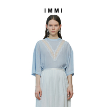 (Designer brand IMMI) fresh blue stripe copper ammonia stitching lace short sleeve 191TP035X