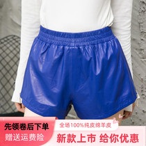 Fashion Pioneer Genuine Leather Shorts Autumn Winter Sheep Leather Side Zipper Tightness Waist Boots Pants Blue Lady Pants