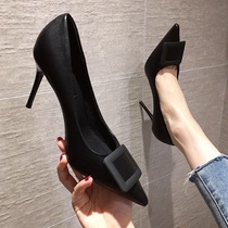 High heels women Spring 2021 New Wild fairy style French girl black square buckle professional heel single shoe tide