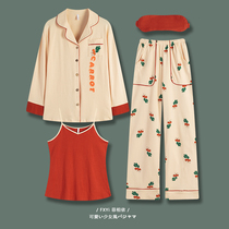 2021 new pajamas womens spring and Autumn cotton long-sleeved suit cute and sweet women radish home clothes three-piece set