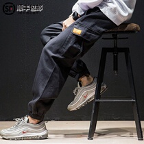 Tide brand mens overalls thin Korean version of Japanese multi-pocket retro trend small feet casual loose tie pants