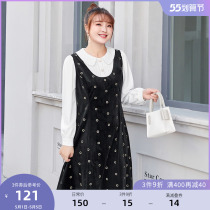 (clear cabin RMB150 ) Large code female autumn Lolita bump color polo collar embroidery fake two shirt style dress