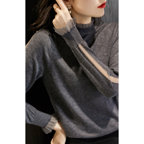 Japanese temperament thin exquisite womens mesh ear stitching knitted pullover 2020 early autumn elegant commuter top