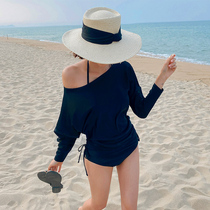 Korean version of the new sunscreen long-sleeved oblique shoulder high-waisted swimsuit womens split triangle thin belly cover sports swimsuit