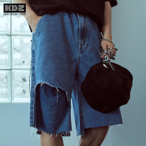 KDZ mens hole burrs denim pants summer 2021 New Korean version of loose straight body trend shorts