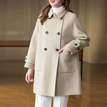 Double-sided wool coat womens long 2021 new cashmere small size wide version woolen coat