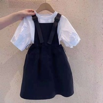 Girls Summer short sleeves T-shirt Braces Skirt Suit 2022 New Girl Ocean Gas Net Red Summer Clothing Draw two sets 9