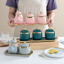 Nordic ceramic seasoning tank Kitchen supplies Emerald seasoning bottle three-piece household set Sugar and salt tank Monosodium glutamate tank