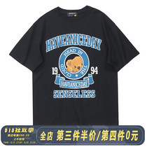 AWE GOD summer new retro bear print short-sleeved men and women American tide brand loose casual couple T-shirt