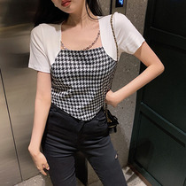 Pure Desire Sweet Spicy Square Collar Short blouses Female Dew Lock Bones High Waist Design Sensation Little Crownins Ultra Fire Short Sleeve T-shirt Female Summer