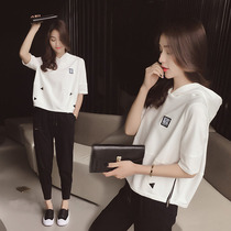 Tide Cards Suit Hostess Summer 2021 New Fashion Korean Version Temperament Small Fragrant Wind Casual Students Slim short sleeves Two sets